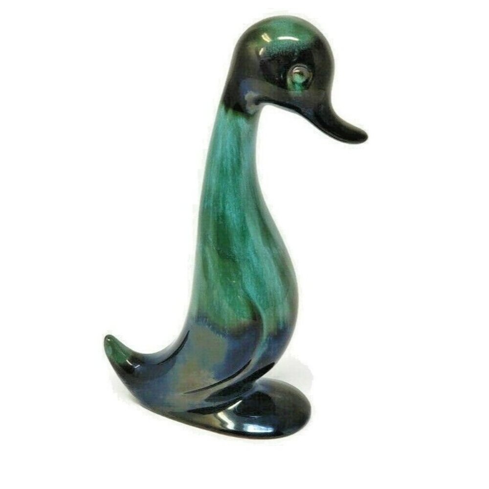 Blue Mountain Pottery Duck Figurine 11 inch Green Drip Glazed Vintage